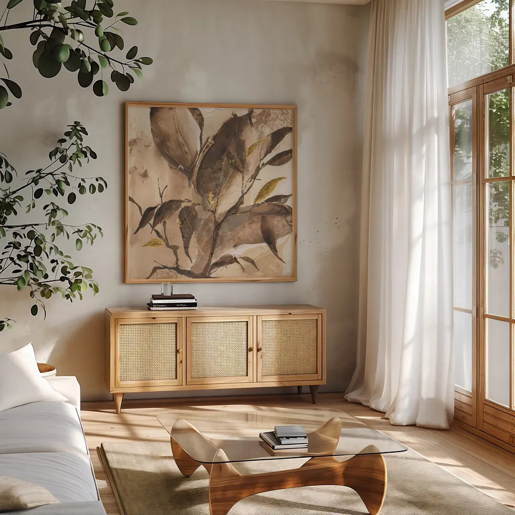 Gilded Leaf Collage I by Chris Paschke. Shown in a natural wood frame in a cozy modern living room. Available as an archival giclee rolled canvas, fine art paper, or poster print. SKU 96187a.