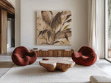 Gilded Leaf Collage I by Chris Paschke. Shown as extra-large giant wall art in a modern living room. Available as an archival giclee rolled canvas, fine art paper, or poster print. SKU 96187a.