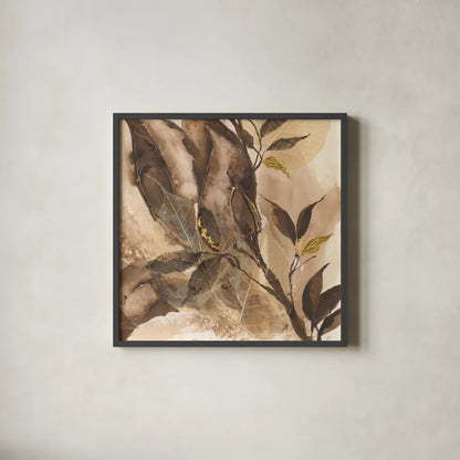 Gilded Leaf Collage II by Chris Paschke. Shown in a sleek black glass frame for a contemporary gallery look. Available as an archival giclee rolled canvas, fine art paper, or poster print. SKU 96188a.