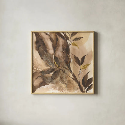 Gilded Leaf Collage II by Chris Paschke. Shown in a natural wood glass frame for a timeless modern aesthetic. Available as an archival giclee rolled canvas, fine art paper, or poster print. SKU 96188a.