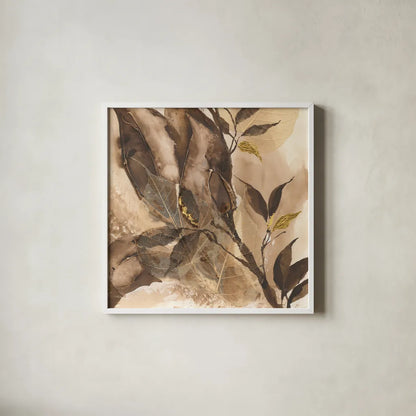 Gilded Leaf Collage II by Chris Paschke. Shown in a crisp white glass frame for a clean and minimalist style. Available as an archival giclee rolled canvas, fine art paper, or poster print. SKU 96188a.