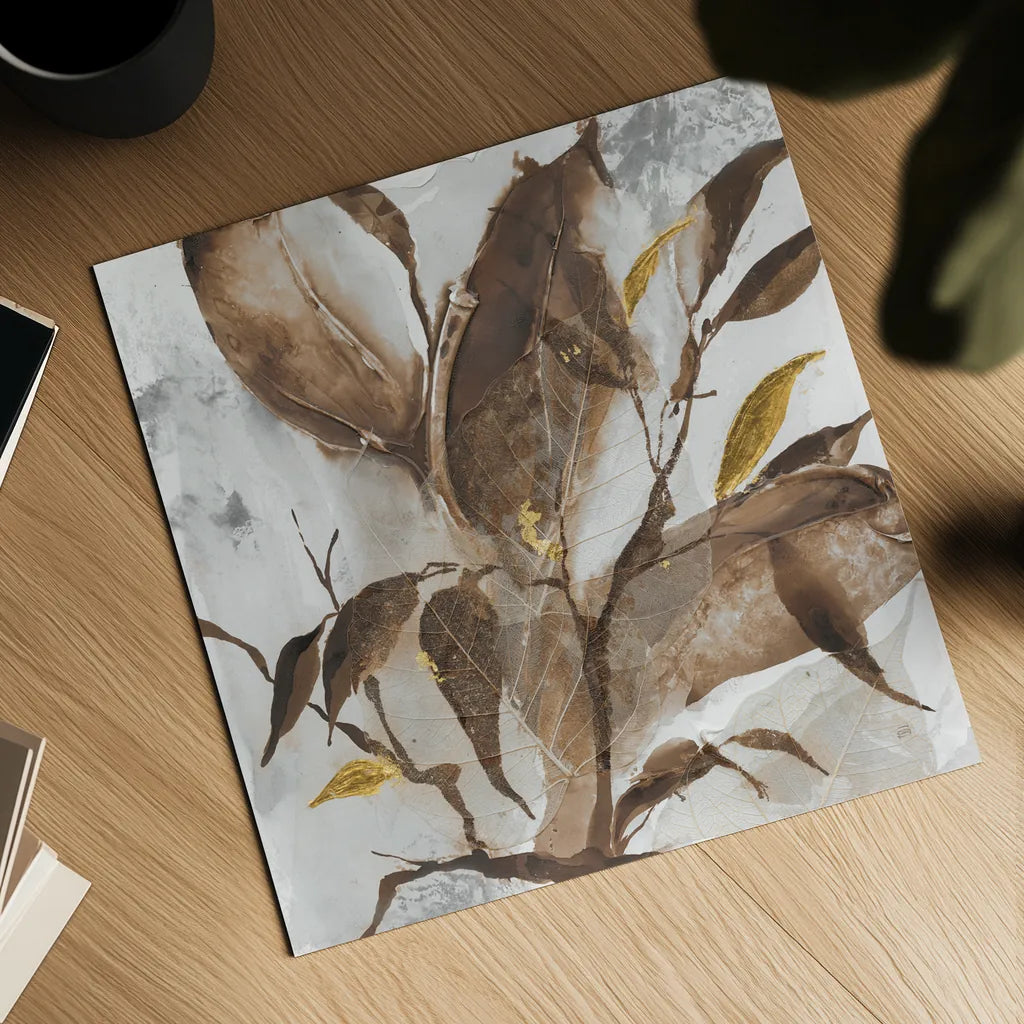 Gilded Leaf Collage v2 I by Chris Paschke. Shown as a detailed flat fine art print, highlighting archival giclee quality. Available as an archival giclee rolled canvas, fine art paper, or poster print. SKU 97047a.