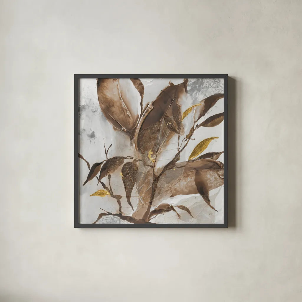 Gilded Leaf Collage v2 I by Chris Paschke. Shown in a sleek black glass frame for a contemporary gallery look. Available as an archival giclee rolled canvas, fine art paper, or poster print. SKU 97047a.