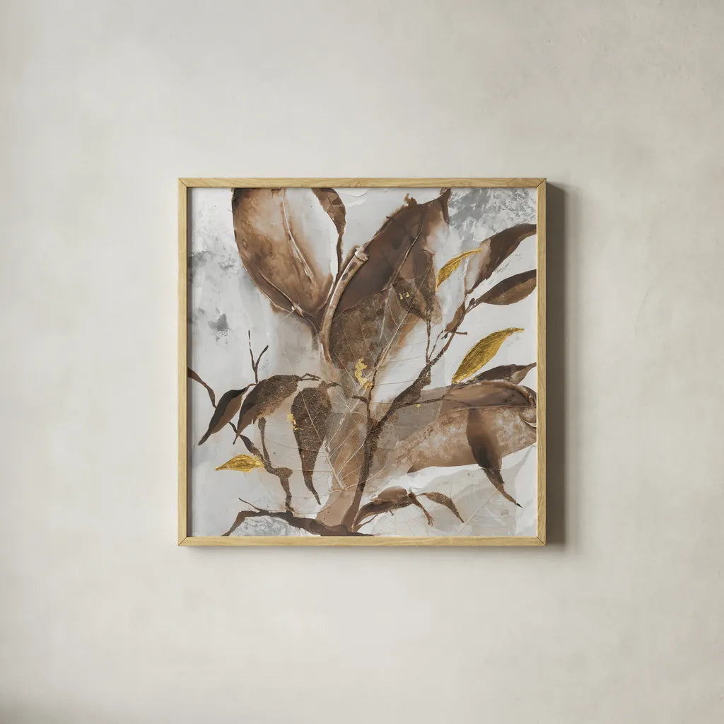 Gilded Leaf Collage v2 I by Chris Paschke. Shown in a natural wood glass frame for a timeless modern aesthetic. Available as an archival giclee rolled canvas, fine art paper, or poster print. SKU 97047a.