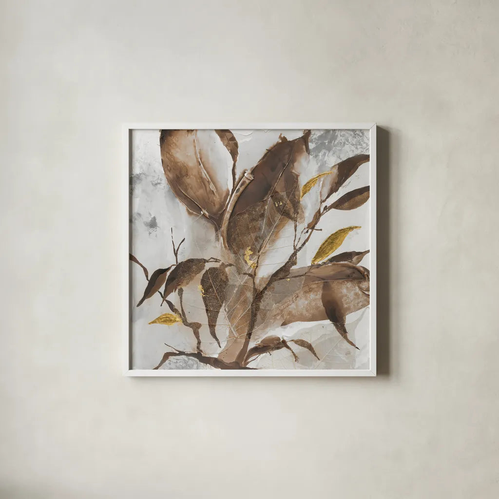 Gilded Leaf Collage v2 I by Chris Paschke. Shown in a crisp white glass frame for a clean and minimalist style. Available as an archival giclee rolled canvas, fine art paper, or poster print. SKU 97047a.