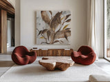Gilded Leaf Collage v2 I by Chris Paschke. Shown as extra-large giant wall art in a modern living room. Available as an archival giclee rolled canvas, fine art paper, or poster print. SKU 97047a.