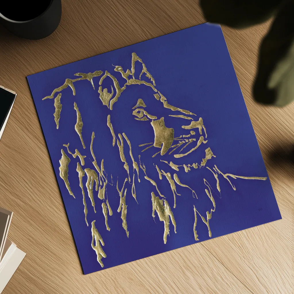 Gilded Lion Indigo by Chris Paschke. Shown as a detailed flat fine art print, highlighting archival giclee quality. Available as an archival giclee rolled canvas, fine art paper, or poster print. SKU 41917a.