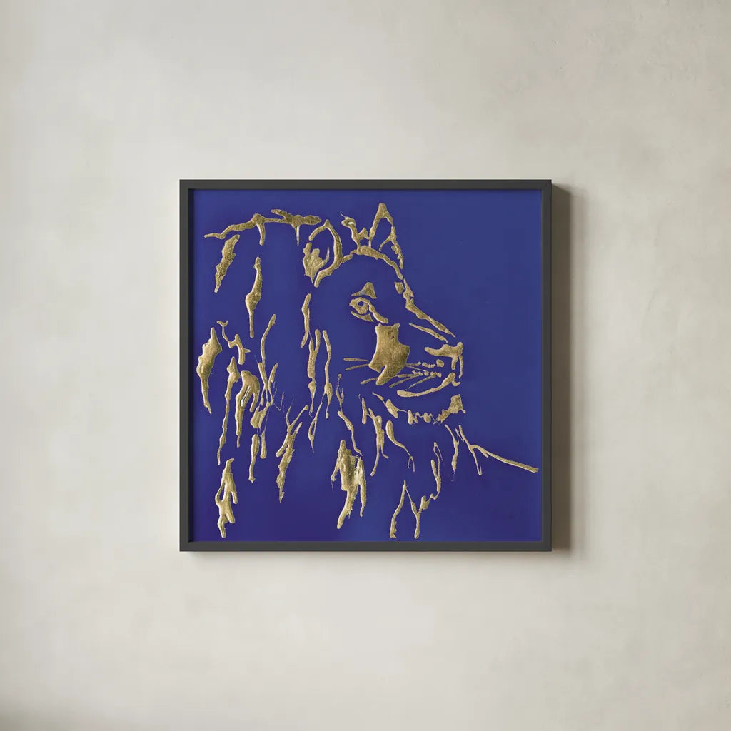 Gilded Lion Indigo by Chris Paschke. Shown in a sleek black glass frame for a contemporary gallery look. Available as an archival giclee rolled canvas, fine art paper, or poster print. SKU 41917a.