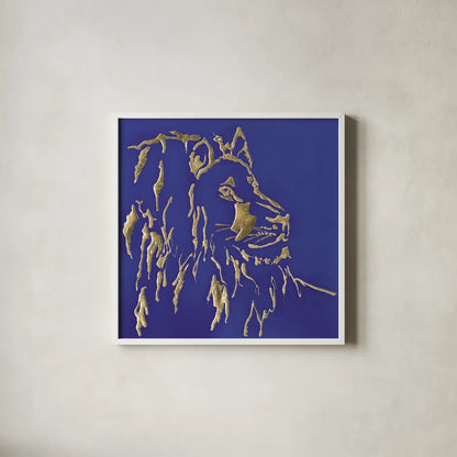 Gilded Lion Indigo by Chris Paschke. Shown in a crisp white glass frame for a clean and minimalist style. Available as an archival giclee rolled canvas, fine art paper, or poster print. SKU 41917a.