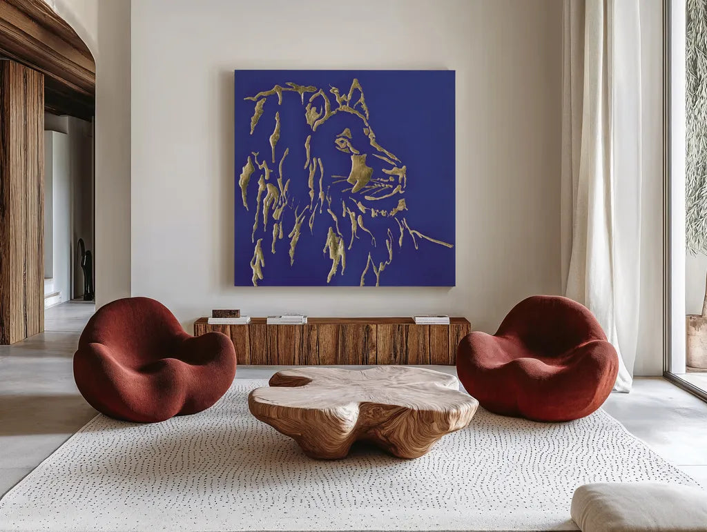 Gilded Lion Indigo by Chris Paschke. Shown as extra-large giant wall art in a modern living room. Available as an archival giclee rolled canvas, fine art paper, or poster print. SKU 41917a.