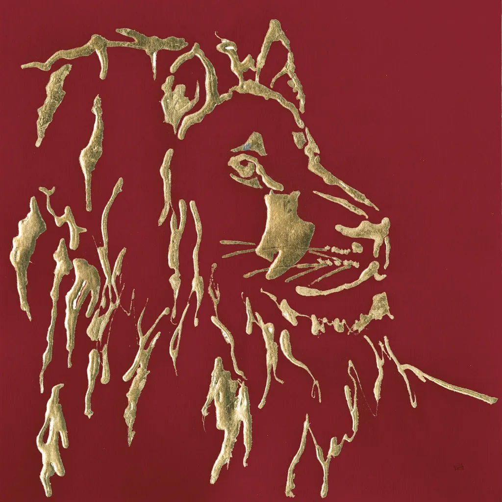 Gilded Lion on Red by Chris Paschke. SKU 41922a. Archival Giclee Fine art print for wall decor.