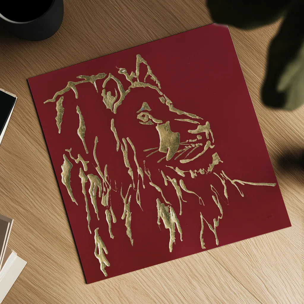 Gilded Lion on Red by Chris Paschke. Shown as a detailed flat fine art print, highlighting archival giclee quality. Available as an archival giclee rolled canvas, fine art paper, or poster print. SKU 41922a.