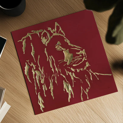 Gilded Lion on Red by Chris Paschke. Shown as a detailed flat fine art print, highlighting archival giclee quality. Available as an archival giclee rolled canvas, fine art paper, or poster print. SKU 41922a.