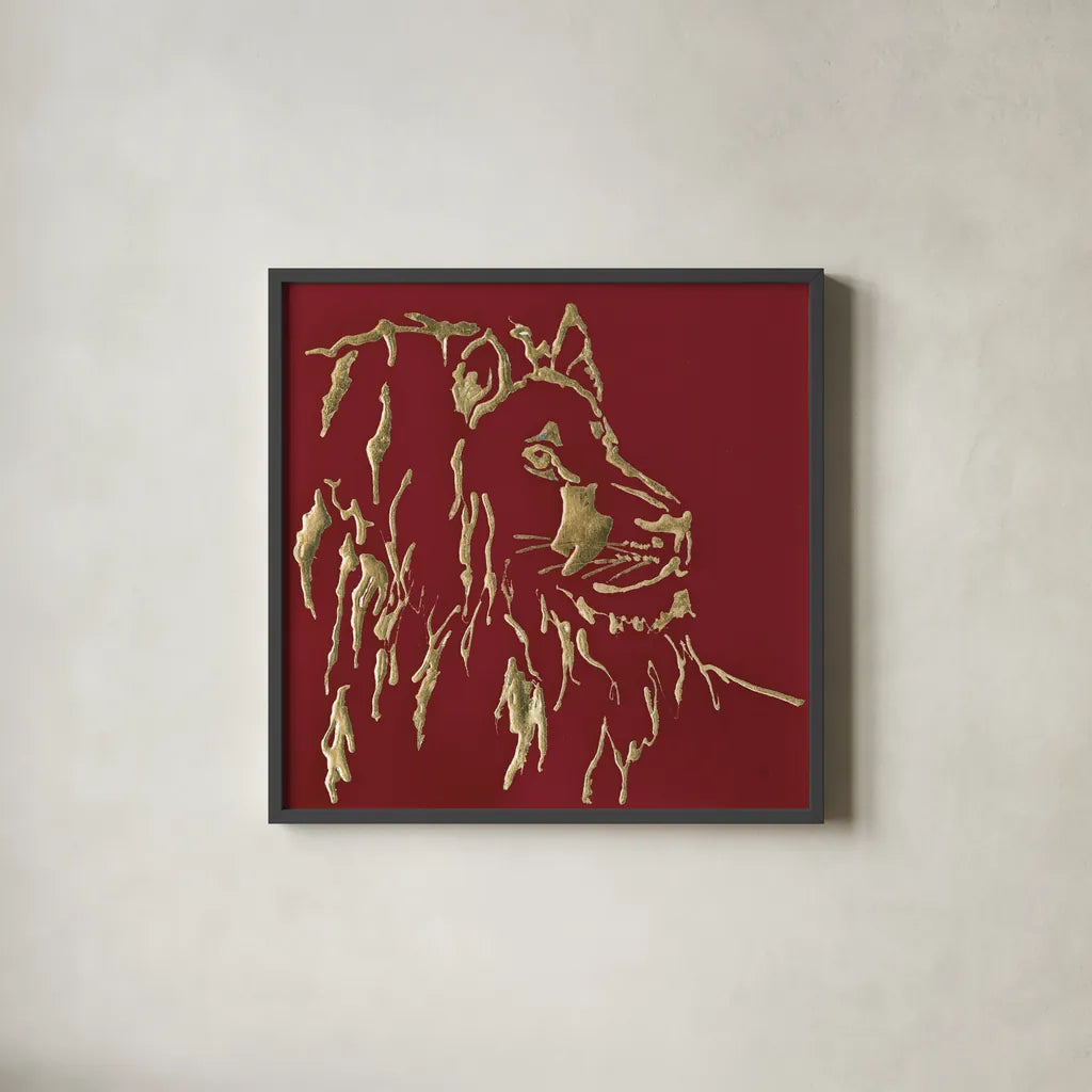 Gilded Lion on Red by Chris Paschke. Shown in a sleek black glass frame for a contemporary gallery look. Available as an archival giclee rolled canvas, fine art paper, or poster print. SKU 41922a.