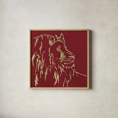 Gilded Lion on Red by Chris Paschke. Shown in a natural wood glass frame for a timeless modern aesthetic. Available as an archival giclee rolled canvas, fine art paper, or poster print. SKU 41922a.