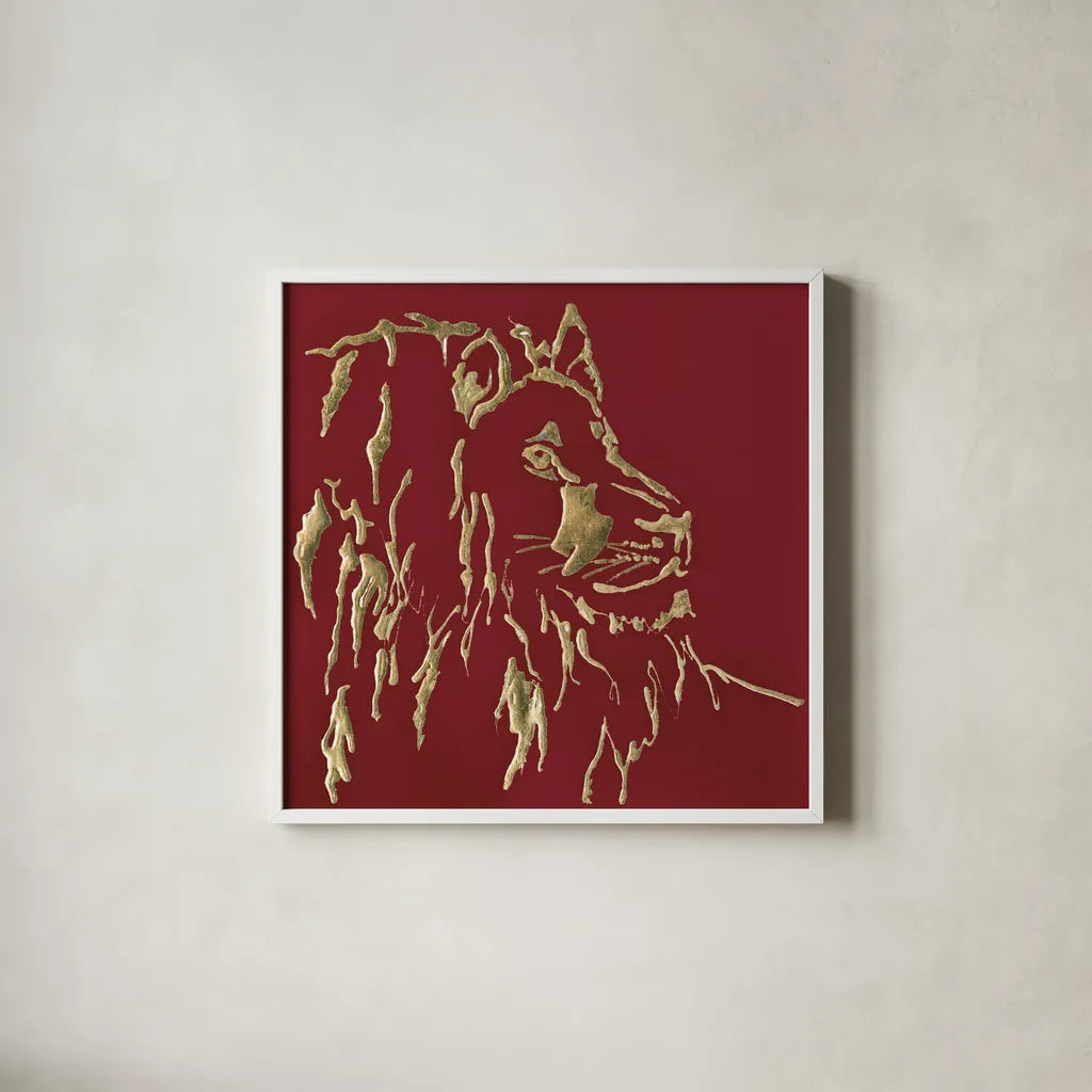Gilded Lion on Red by Chris Paschke. Shown in a crisp white glass frame for a clean and minimalist style. Available as an archival giclee rolled canvas, fine art paper, or poster print. SKU 41922a.