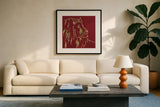 Gilded Lion on Red by Chris Paschke. Displayed in a glass frame with matte in a clean modern living room. Available as an archival giclee rolled canvas, fine art paper, or poster print. SKU 41922a.