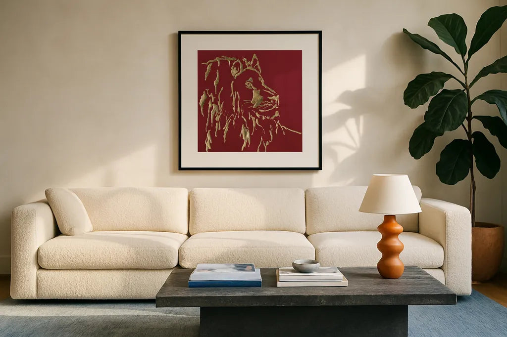 Gilded Lion on Red by Chris Paschke. Displayed in a glass frame with matte in a clean modern living room. Available as an archival giclee rolled canvas, fine art paper, or poster print. SKU 41922a.
