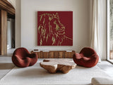 Gilded Lion on Red by Chris Paschke. Shown as extra-large giant wall art in a modern living room. Available as an archival giclee rolled canvas, fine art paper, or poster print. SKU 41922a.