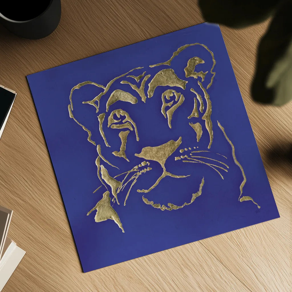 Gilded Lioness Indigo by Chris Paschke. Shown as a detailed flat fine art print, highlighting archival giclee quality. Available as an archival giclee rolled canvas, fine art paper, or poster print. SKU 41918a.