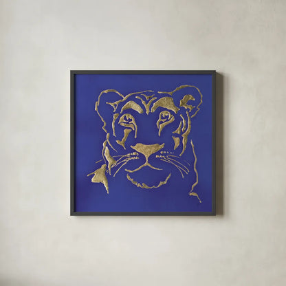 Gilded Lioness Indigo by Chris Paschke. Shown in a sleek black glass frame for a contemporary gallery look. Available as an archival giclee rolled canvas, fine art paper, or poster print. SKU 41918a.