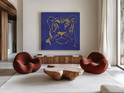 Gilded Lioness Indigo by Chris Paschke. Shown as extra-large giant wall art in a modern living room. Available as an archival giclee rolled canvas, fine art paper, or poster print. SKU 41918a.