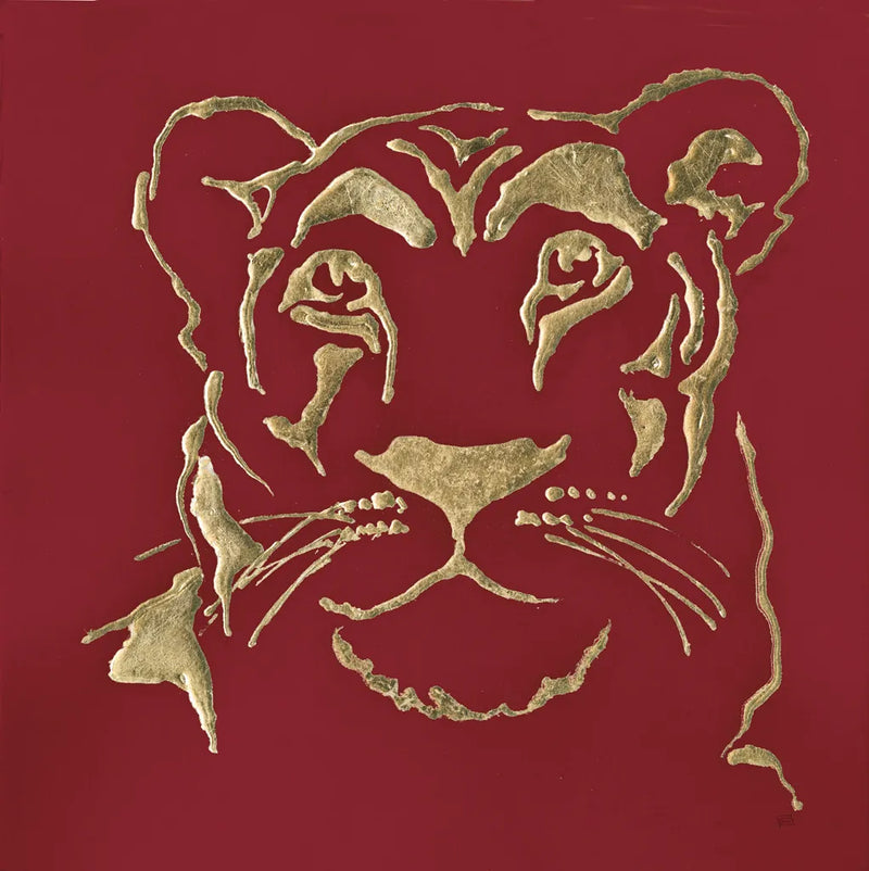 Gilded Lioness on Red by Chris Paschke. SKU 41923a. Archival Giclee Fine art print for wall decor.