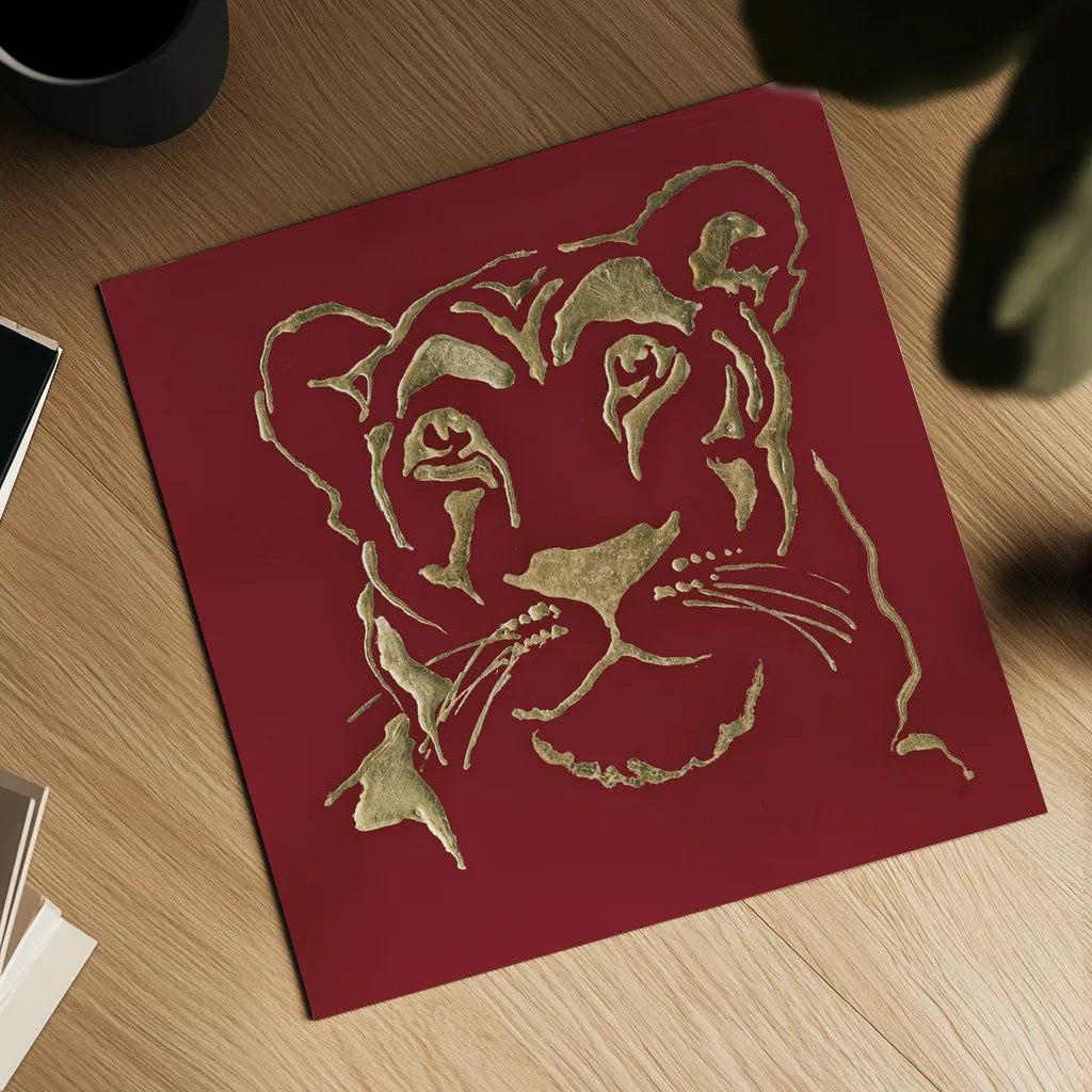 Gilded Lioness on Red by Chris Paschke. Shown as a detailed flat fine art print, highlighting archival giclee quality. Available as an archival giclee rolled canvas, fine art paper, or poster print. SKU 41923a.