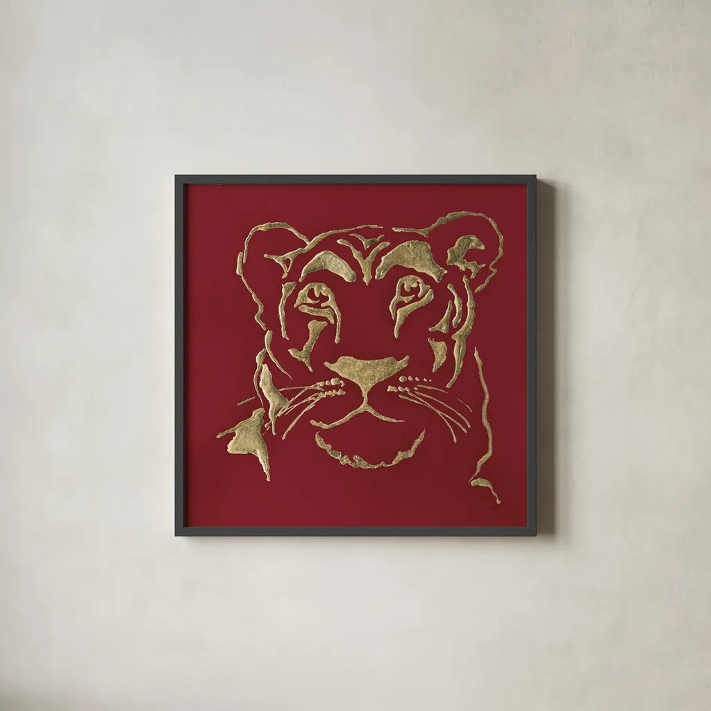 Gilded Lioness on Red by Chris Paschke. Shown in a sleek black glass frame for a contemporary gallery look. Available as an archival giclee rolled canvas, fine art paper, or poster print. SKU 41923a.