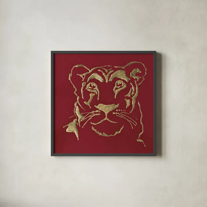 Gilded Lioness on Red by Chris Paschke. Shown in a sleek black glass frame for a contemporary gallery look. Available as an archival giclee rolled canvas, fine art paper, or poster print. SKU 41923a.