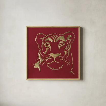 Gilded Lioness on Red by Chris Paschke. Shown in a natural wood glass frame for a timeless modern aesthetic. Available as an archival giclee rolled canvas, fine art paper, or poster print. SKU 41923a.