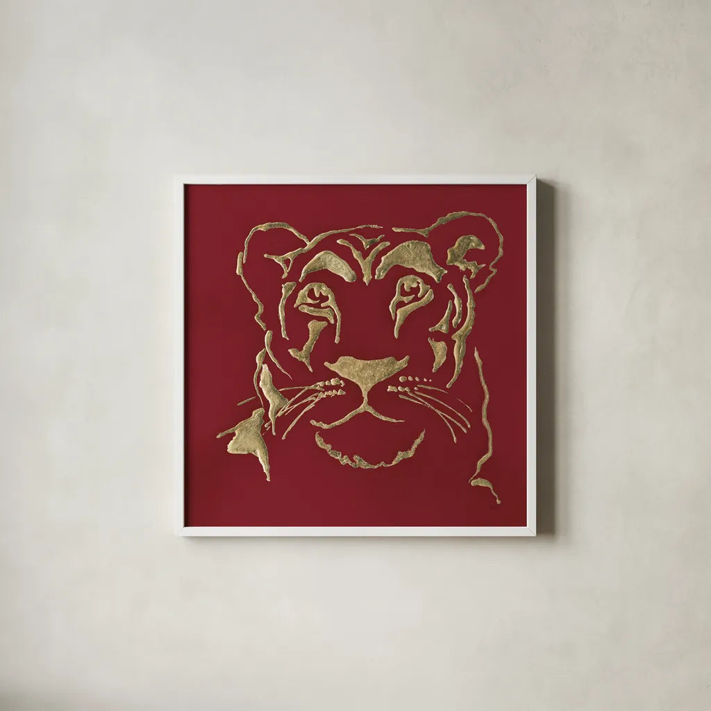 Gilded Lioness on Red by Chris Paschke. Shown in a crisp white glass frame for a clean and minimalist style. Available as an archival giclee rolled canvas, fine art paper, or poster print. SKU 41923a.