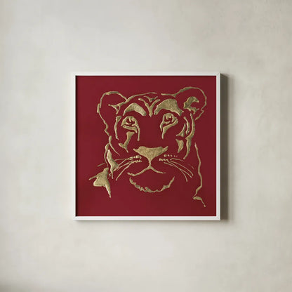 Gilded Lioness on Red by Chris Paschke. Shown in a crisp white glass frame for a clean and minimalist style. Available as an archival giclee rolled canvas, fine art paper, or poster print. SKU 41923a.