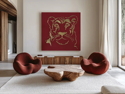 Gilded Lioness on Red by Chris Paschke. Shown as extra-large giant wall art in a modern living room. Available as an archival giclee rolled canvas, fine art paper, or poster print. SKU 41923a.