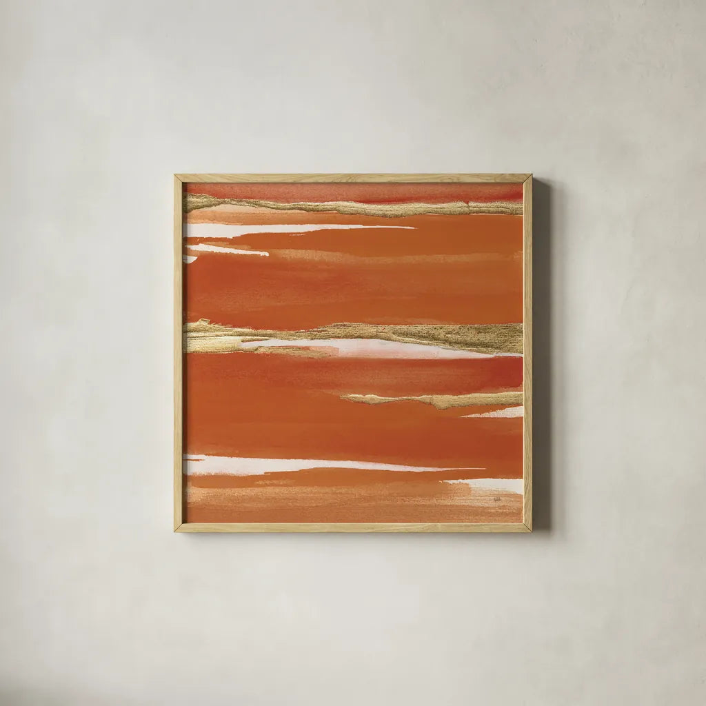 Gilded Mandarin I Burnt Orange by Chris Paschke. Shown in a natural wood glass frame for a timeless modern aesthetic. Available as an archival giclee rolled canvas, fine art paper, or poster print. SKU 50776a.
