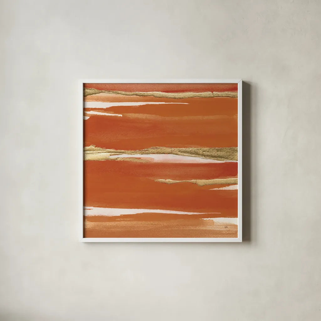 Gilded Mandarin I Burnt Orange by Chris Paschke. Shown in a crisp white glass frame for a clean and minimalist style. Available as an archival giclee rolled canvas, fine art paper, or poster print. SKU 50776a.
