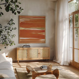 Gilded Mandarin I Burnt Orange by Chris Paschke. Shown in a natural wood frame in a cozy modern living room. Available as an archival giclee rolled canvas, fine art paper, or poster print. SKU 50776a.
