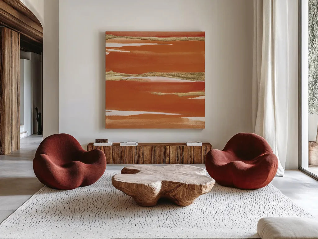 Gilded Mandarin I Burnt Orange by Chris Paschke. Shown as extra-large giant wall art in a modern living room. Available as an archival giclee rolled canvas, fine art paper, or poster print. SKU 50776a.
