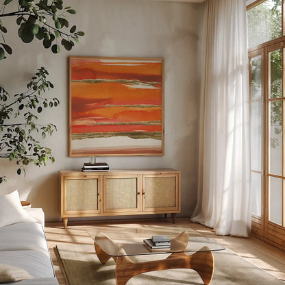 Gilded Mandarin II by Chris Paschke. Shown in a natural wood frame in a cozy modern living room. Available as an archival giclee rolled canvas, fine art paper, or poster print. SKU 26334a.