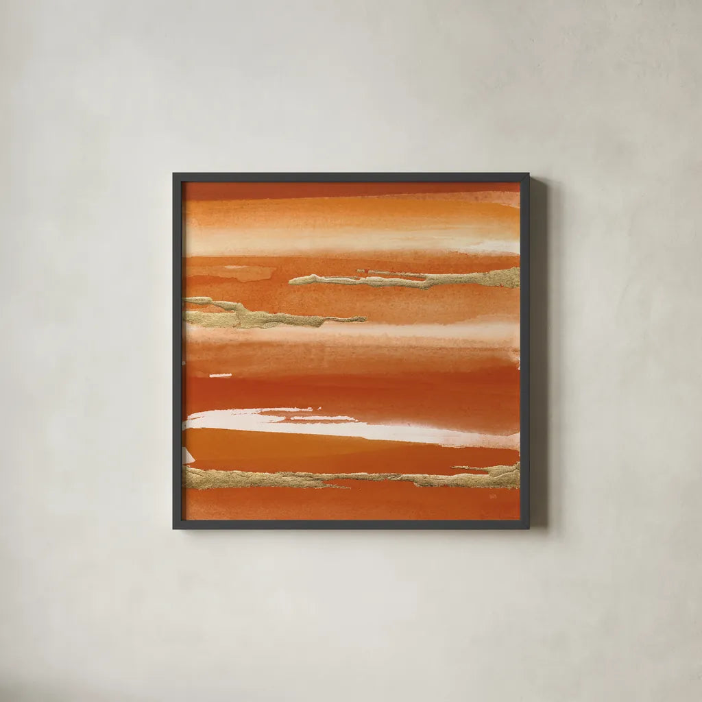 Gilded Mandarin III Burnt Orange by Chris Paschke. Shown in a sleek black glass frame for a contemporary gallery look. Available as an archival giclee rolled canvas, fine art paper, or poster print. SKU 50777a.