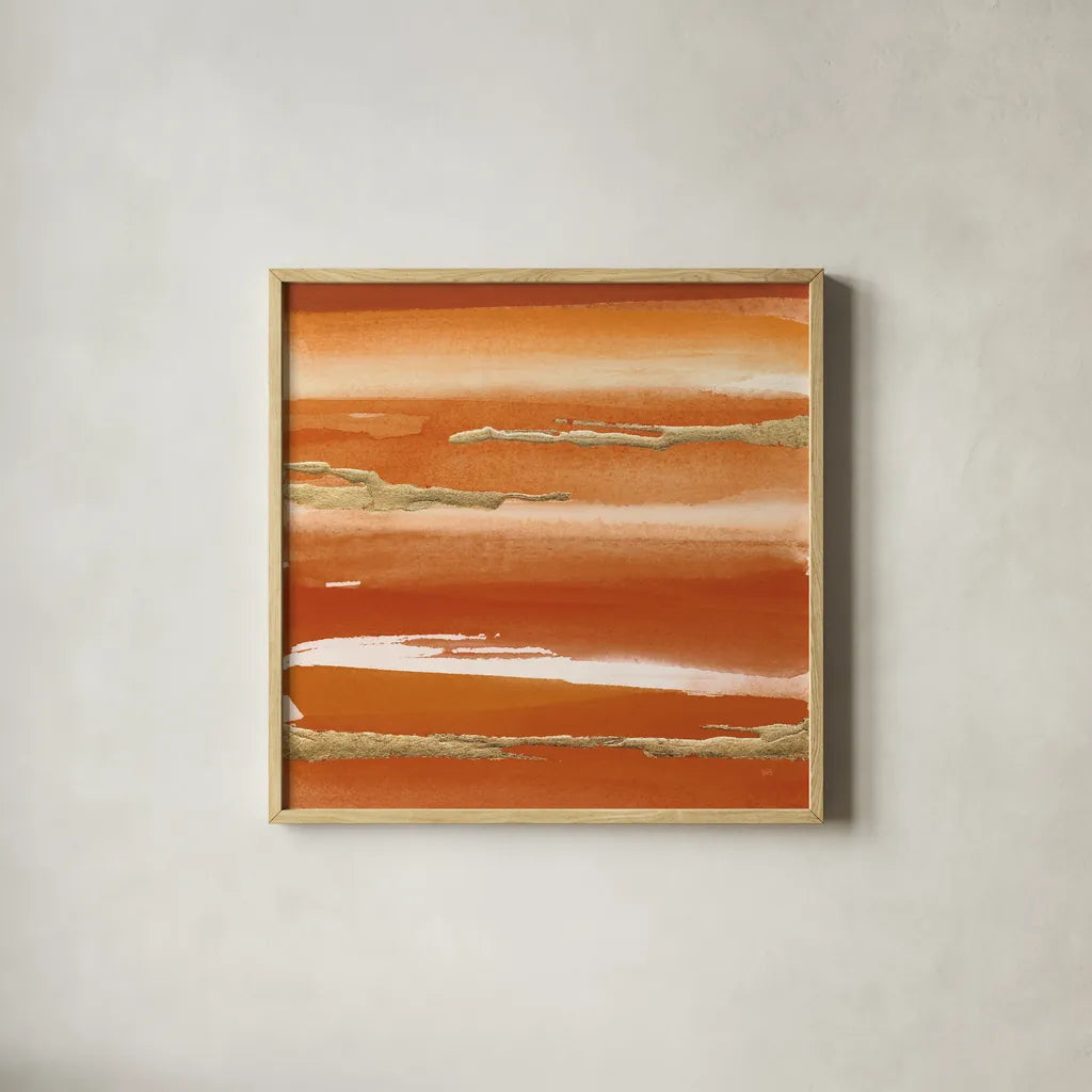 Gilded Mandarin III Burnt Orange by Chris Paschke. Shown in a natural wood glass frame for a timeless modern aesthetic. Available as an archival giclee rolled canvas, fine art paper, or poster print. SKU 50777a.