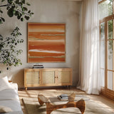 Gilded Mandarin III Burnt Orange by Chris Paschke. Shown in a natural wood frame in a cozy modern living room. Available as an archival giclee rolled canvas, fine art paper, or poster print. SKU 50777a.