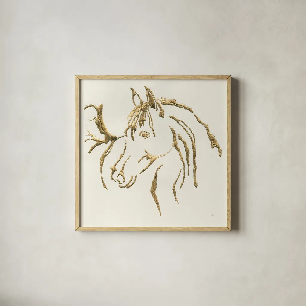 Gilded Mare by Chris Paschke. Shown in a natural wood glass frame for a timeless modern aesthetic. Available as an archival giclee rolled canvas, fine art paper, or poster print. SKU 31776a.