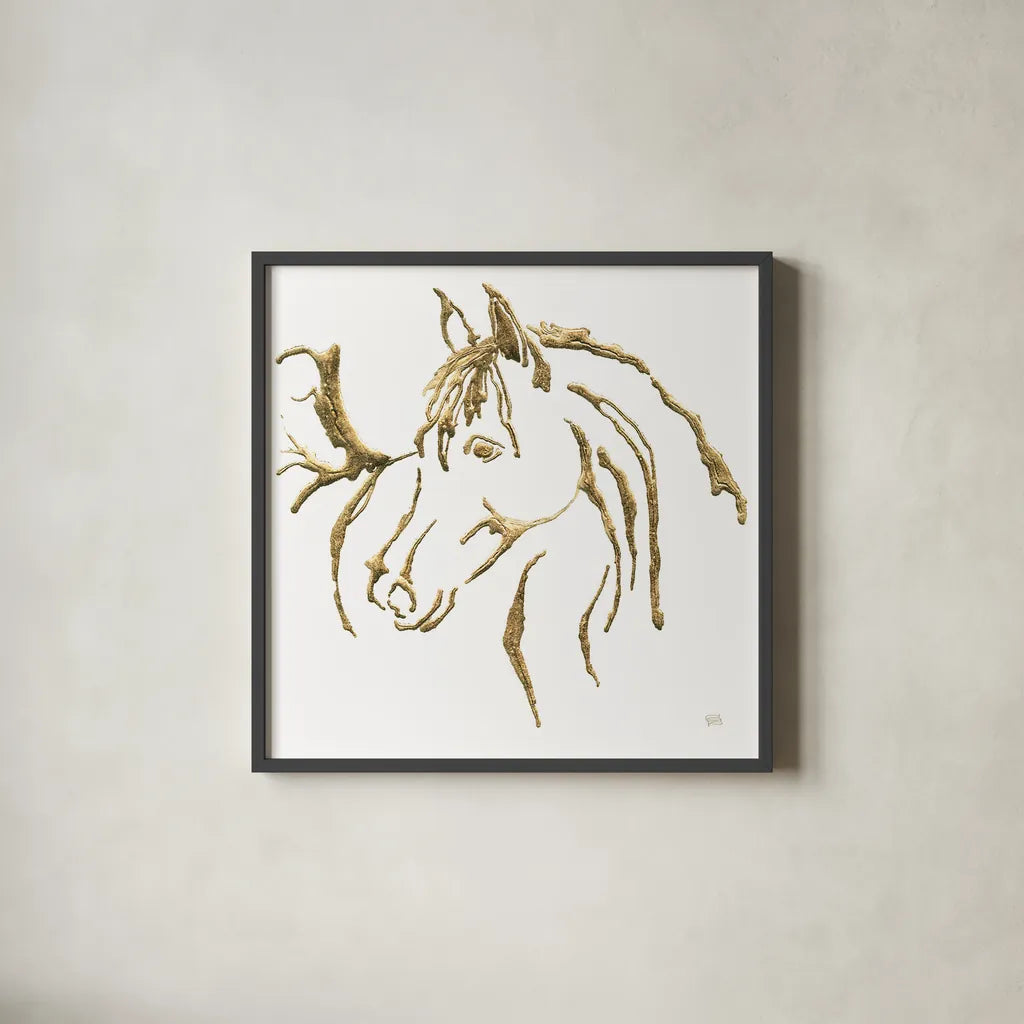 Gilded Mare on White by Chris Paschke. Shown in a sleek black glass frame for a contemporary gallery look. Available as an archival giclee rolled canvas, fine art paper, or poster print. SKU 32637a.