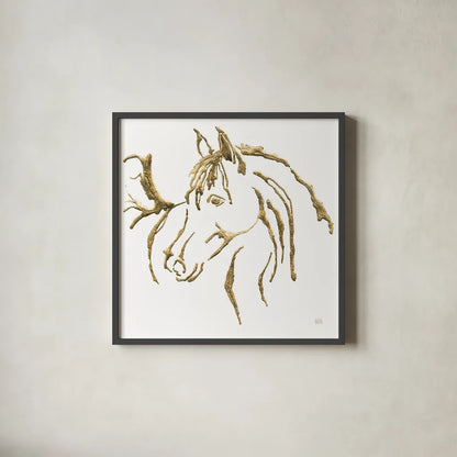 Gilded Mare on White by Chris Paschke. Shown in a sleek black glass frame for a contemporary gallery look. Available as an archival giclee rolled canvas, fine art paper, or poster print. SKU 32637a.