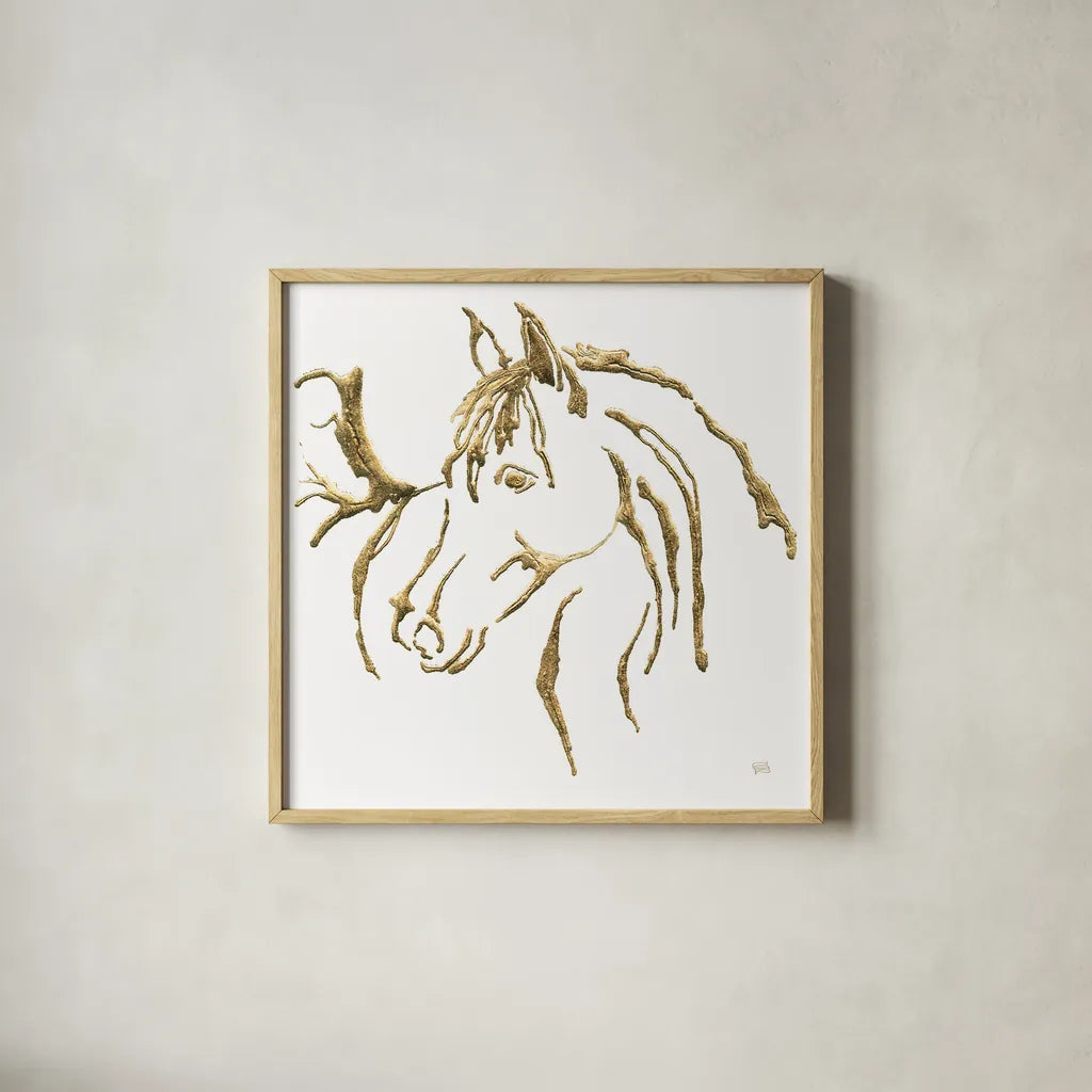 Gilded Mare on White by Chris Paschke. Shown in a natural wood glass frame for a timeless modern aesthetic. Available as an archival giclee rolled canvas, fine art paper, or poster print. SKU 32637a.