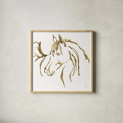 Gilded Mare on White by Chris Paschke. Shown in a natural wood glass frame for a timeless modern aesthetic. Available as an archival giclee rolled canvas, fine art paper, or poster print. SKU 32637a.