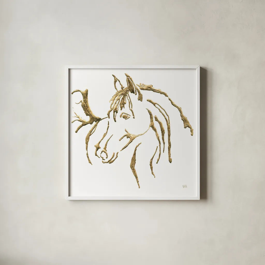 Gilded Mare on White by Chris Paschke. Shown in a crisp white glass frame for a clean and minimalist style. Available as an archival giclee rolled canvas, fine art paper, or poster print. SKU 32637a.
