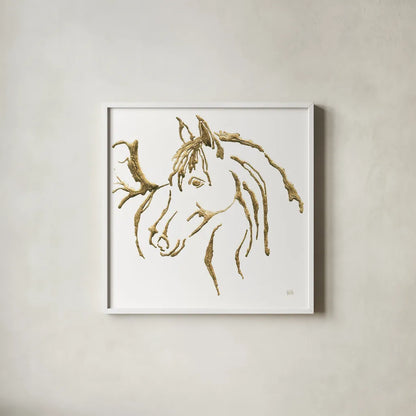 Gilded Mare on White by Chris Paschke. Shown in a crisp white glass frame for a clean and minimalist style. Available as an archival giclee rolled canvas, fine art paper, or poster print. SKU 32637a.