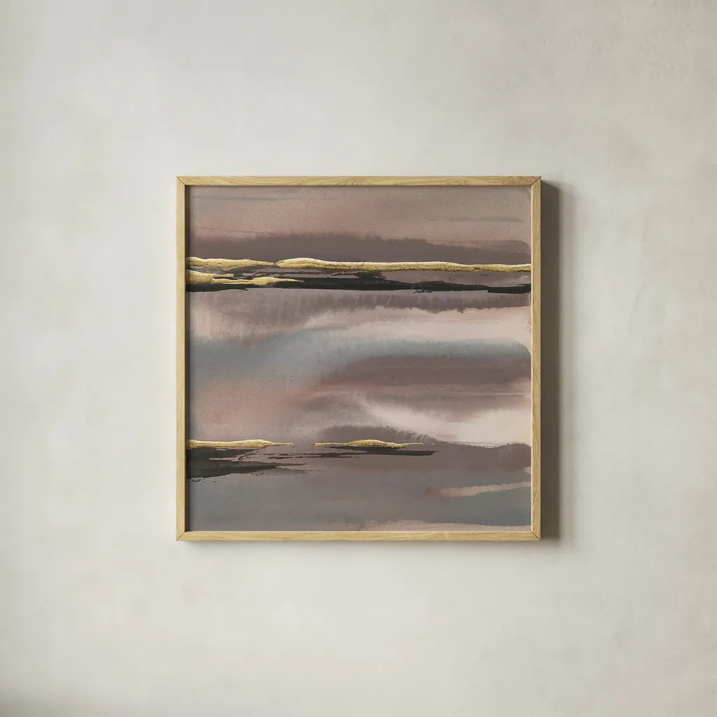Gilded Morning Fog I by Chris Paschke. Shown in a natural wood glass frame for a timeless modern aesthetic. Available as an archival giclee rolled canvas, fine art paper, or poster print. SKU 26744a.